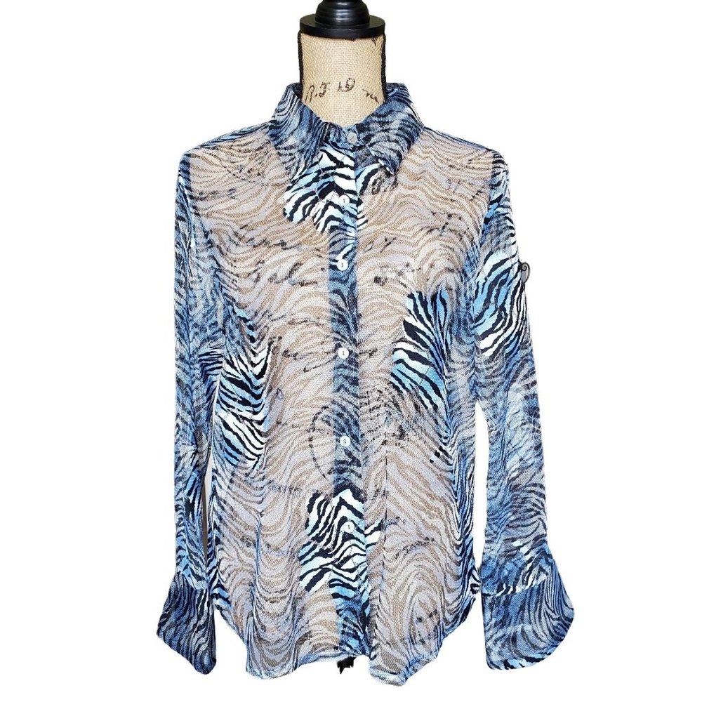 NICOLA Fish Net Button Down Blouse Animal Print Blue/Black Size Large